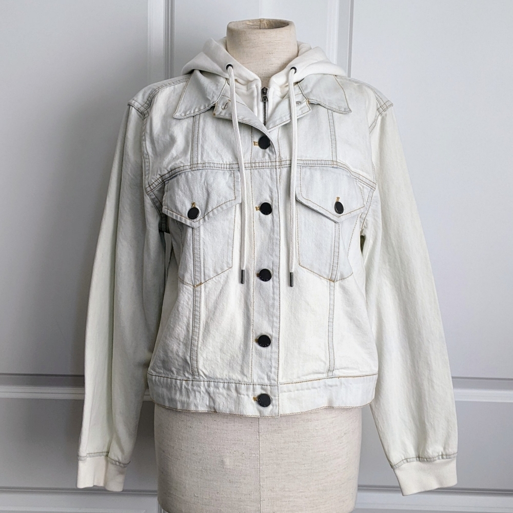 alice + olivia Jacket Denim Jean Removable Zip Out Hood Bleached Indigo L NWT - Picture 3 of 16